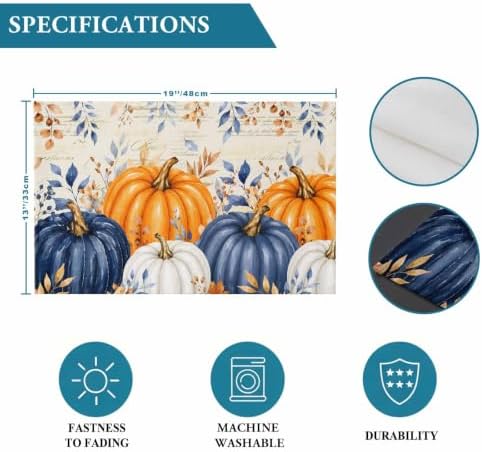 Fall Thanksgiving Placemats, Orange Navy Blue Pumpkin Heat Resistant Washable Dining Table Mats Fall Holiday Farmhouse Decor for Kitchen&Linens Outdoor Indoor, Harvest Autumn Leaves