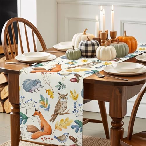 Fall Table Runner Autumn Animal Table Runners Harvest Thanksgiving Owl Bird Fox Leaves Cotton Linen Dresser Scarf Kitchen Dining Table Decor for Autumn Holiday Party Coffee 13x70 Inch