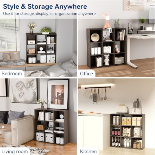 Whitmor 9 Cube Storage Organizer, 3 Tier Stackable MDF Wood Bookcase, Open Storage Display Bookshelf, Storage Cabinet for Living Room, Bedroom, Home, Office, 35.5" L x 11.7" W x 35.5" H, Espresso