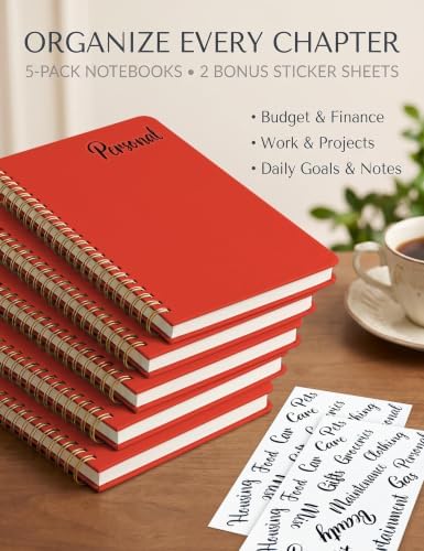 5 Pack Hardcover Spiral Notebooks, 8.3" x 6.3" Lined Journal Set, 100 GSM Bleed-Resistant Paper, 200 Pages Twin-Wire Bound Notebook with Elastic Band & Category Stickers for Office, School