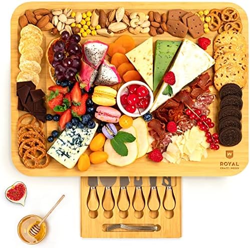 ROYAL CRAFT WOOD Extra Large Cheese Board - Bamboo Cheese Board and Knife Set - Charcuterie Board Set, Charcuterie Platter & Serving Tray