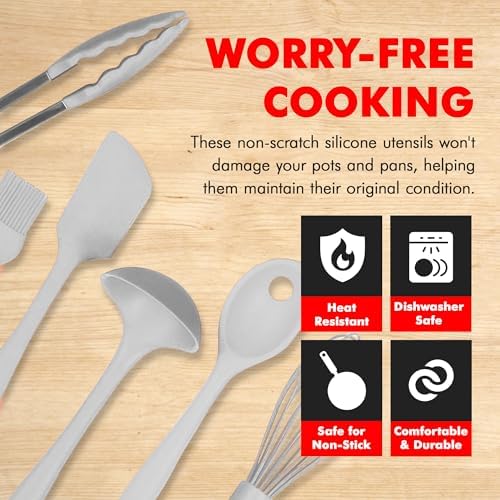 Chef Craft - Premium Silicone Kitchen Tools and Utensils Set, Non-Scratch, Withstands Temperatures up to 450°F, BPA-Free, 9 Piece Cooking Utensils Set, Gray