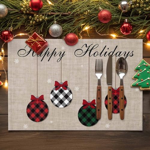 Christmas Theme Placemats Set of 4, Farmhouse Rustic Ornaments Plaid Balls Cotton Line Stain Resistant Table Mats Washable Holidays Placemat Decoration For Kitchen Dining Table Happy Holidays