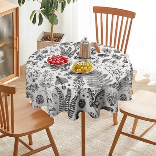 Vintage Mushroom Tablecloth, Black White Nature Forest Fern Leaves Autumn Plants Botanical Print Table Cover for Home Dining Decor Kitchen Party Outdoor, 50x50in