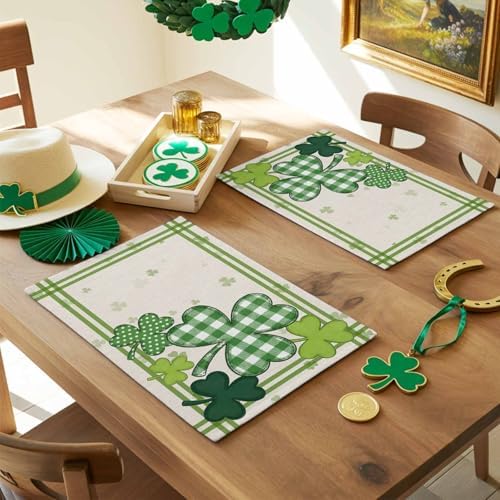 St. Patrick's Day Watercolor Shamrock Clovers Placemats Set of 4, Rustic Green Buffalo Plaid Cotton Linen Table Mats Washable Spring Holidays Decorations For Kitchen Dining Table French Stripes