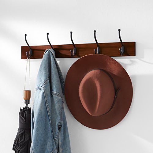 Amazon Basics Rectangular Farmhouse Wall-Mounted Coat Rack for Entryway and Bedroom, Storage Organizer, 5 Double Hooks, Light Walnut