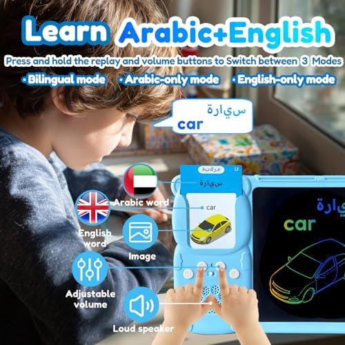 Writing Tablet with Bilingual Flash Cards for Kids, Arabic, Blue
