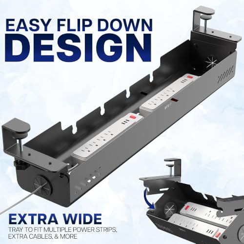 VIVO No Drill 35 inch Under-Desk Clamp-On Cable Management Box with Flip-Open Lid, Easy-to-Open Steel Cord and Power Strip Organizer, Cable Organizer Tray, 11 lbs Capacity, Black, DESK-ACMB35-C