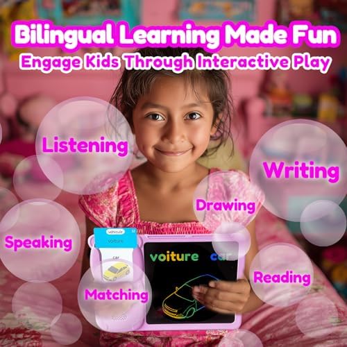 Writing Tablet with Bilingual Flash Cards for Kids, French, Pink