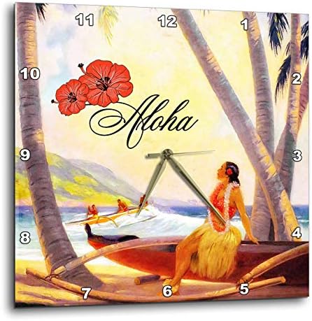 3dRose Wall Clock Silent - 10 inch - Aloha Vintage Painting Repainted Hawaiian Female Tropical Setting - Tropical