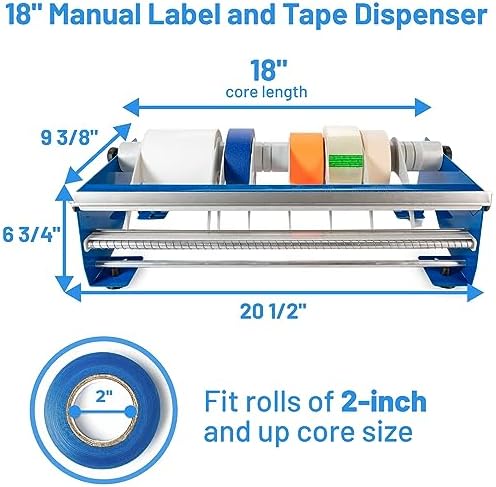 IDL Packaging 18" Manual Label and Tape Dispenser, 2" and Up Core Size, Adjustable Roll Width - Tabletop & Wall-Mounted Multi Roll Holder - Industrial Grade Steel Construction