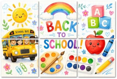 6 Pack Art Acoustic Panels Sound Absorbing Back to School School Bus Art Supplies Rainbow Elements Decorative Soundproof Wall Panels Self Adhesive for Home Recording Studios 72"x48"
