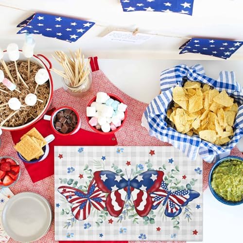 4th of July Placemats Set of 6, Patriotic Star Butterfly Heat Resistant Washable Dining Table Mats Summer Farmhouse Decor for Kitchen&Table Linens Outdoor Indoor, Eucalyptus Leaves Grey Buffalo Plaid