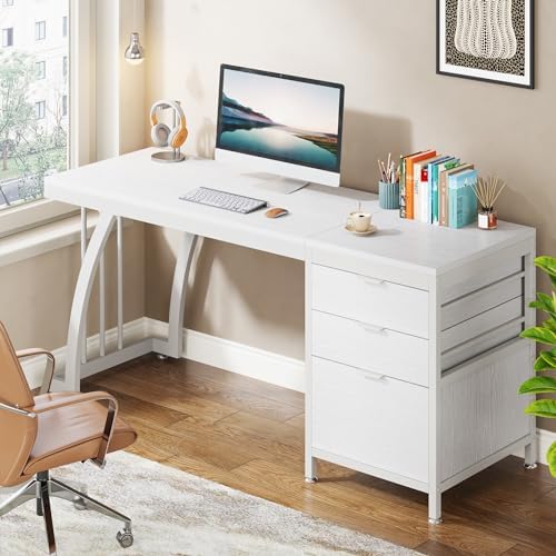 Tribesigns Computer Desk with 3 Drawers, 59-Inch PC Desk with Reversible Drawers, Industrial Study Writing Table Workstation with File Storage for Home Office, White