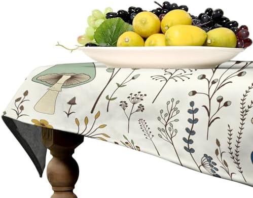 Mushroom Tablecloth, Boho Floral Rustic Wildflower Herbs Plants Colorful Botanical Green Leaves Print Table Cloth for Kitchen Dining Picnic Party Restaurant Decoration 60x110in