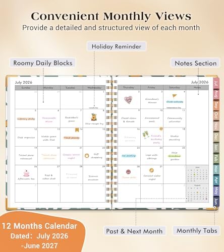 Academic Planner 2026-2027, Hardcover Weekly and Monthly Calendar Planner from July 2026 - June 2027, 8.5" x 11" A4 Large Daily Agenda with Tabs, College School Organizer for Student Teacher, Field of Daisies