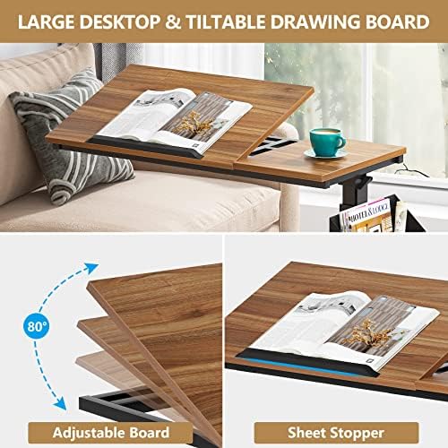 Tribesigns Height Adjustable C Shaped End Table with Wheels, Tilting Laptop Table with Side Pocket for Couch, Bed and Recliner, Walnut Brown