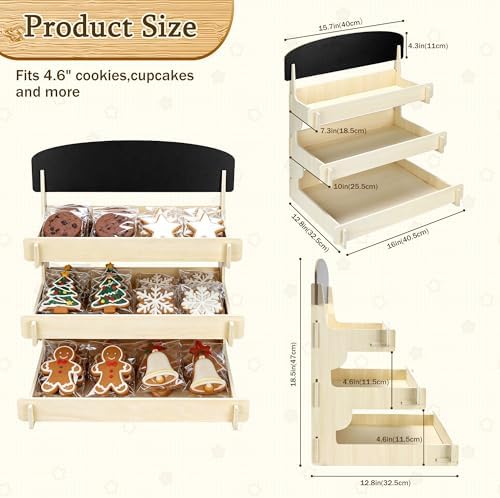 Wooden Cookie Display Stand with Chalkboard Sign for Market Booths, Craft Fairs & Events 3- Tier Cookie Display for Bakers & Vendors to Show Cupcakes, Bread, Muffins & Pastries