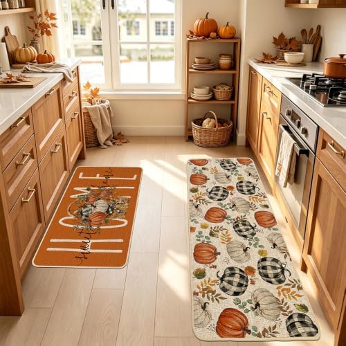 Baccessor Fall Pumpkin Basket Kitchen Rugs Set of 2,Thanksgiving Autumn Home Sweet Home Farmhouse Mat Washable Non Slip Low-Profile Indoor Floor Holiday Hallway Laundry Sink Decor 17x29 and 17x47 Inch