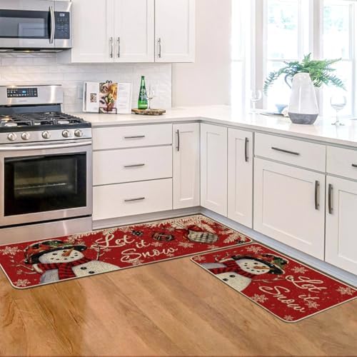 Artoid Mode Snowman Let It Snow Snowflake Christmas Kitchen Mats Set of 2, Winter Home Decor Low-Profile Kitchen Rugs for Floor - 17x29 and 17x47 Inch