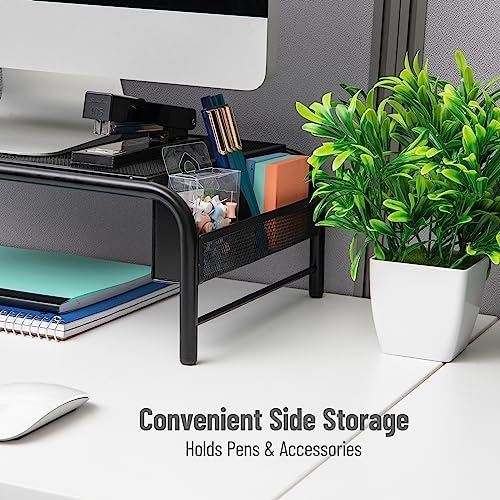 Mind Reader Monitor Stand, Ventilated Laptop Riser, Desktop Organizer, Side Storage, Metal Mesh, 20" L x 11.5" W x 5.5" H, Black (Pack of 2)
