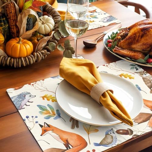 Fall Placemats for Dining Table Set of 6, Autumn Animal Place Mats Owl Bird Fox Leaves Thanksgiving Placemat Washable Harvest Autumn Table Mats for Kitchen Table Holiday Dinner Party Home Decor