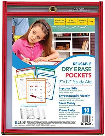 C-Line Reusable Dry Erase Pockets, 9 x 12 Inches, Assorted Primary Colors, 10 Pockets per Pack (40610)