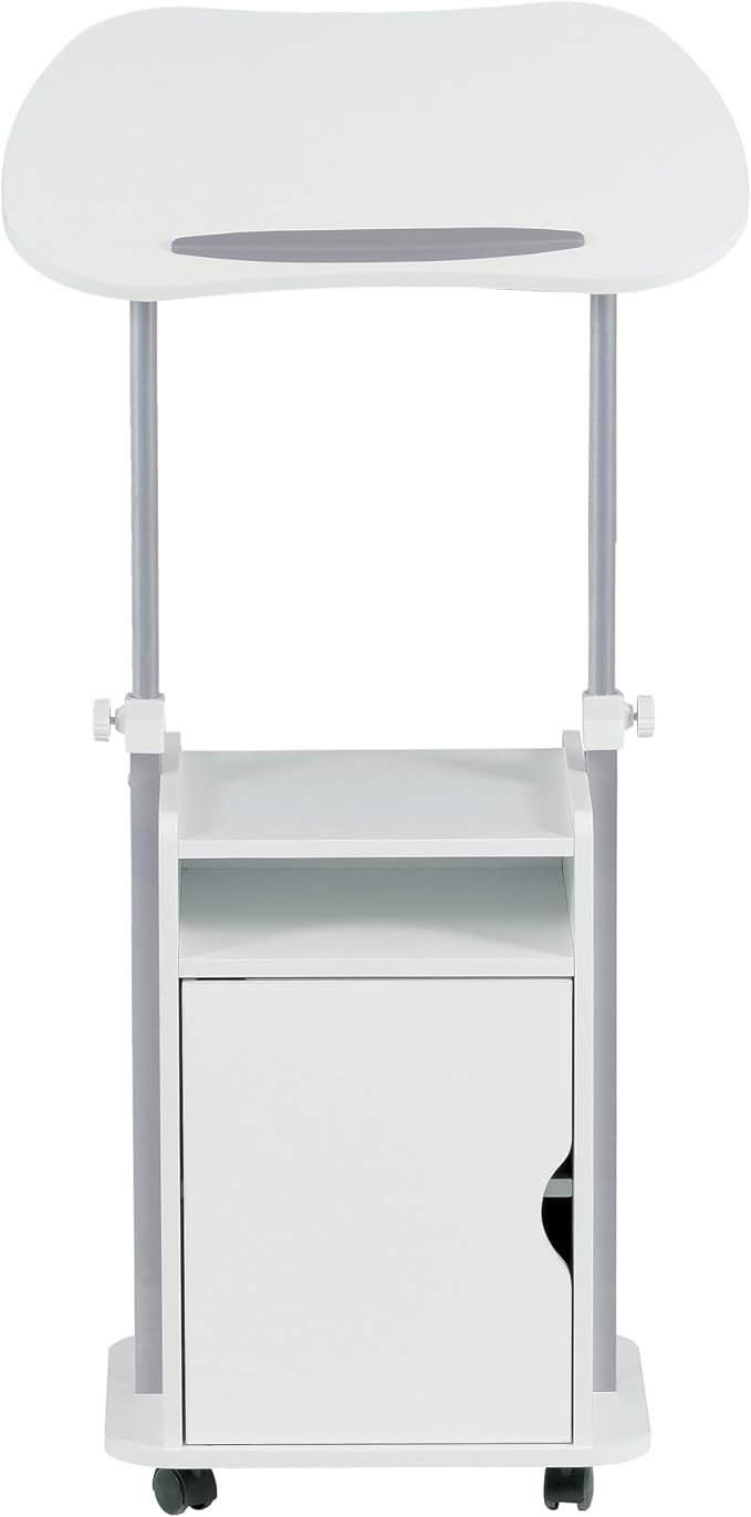 Techni Mobili Adjustable Laptop Cart w/Storage, Rolling Mobile Desk, White | Adjustable laptop cart with storage cabinet, shelf, locking wheels, sit‑stand height for home office, bedside, classroom