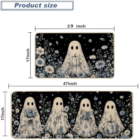 Baccessor Halloween Ghost Kitchen Rugs Set of 2,Spooky Blue and White Pumpkin Black Mat Rug Indoor Outdoor Low-Profile Non Slip Absorbent Floor Mats for Home Party Holiday Decor 17x29 and 17x47 Inch