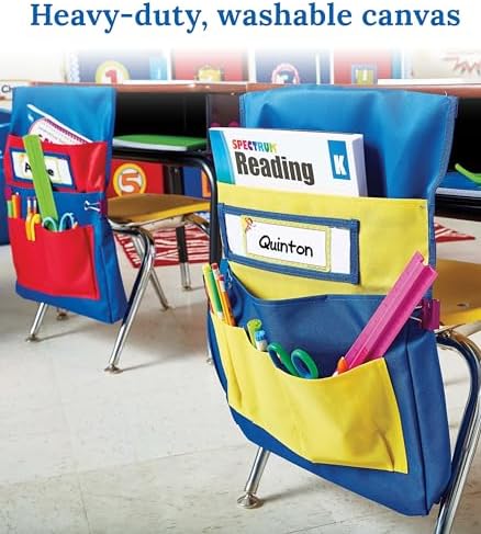 Carson Dellosa 15" x 19" Canvas Blue and Yellow Chairback Buddy Pocket Chart, Seat Storage for Classroom K-2, Classroom Chair Seat Storage with Pockets with 6 Chair Pockets and Student Name Tag | Durable 15x19" Chairback Buddy for Classroom Supplies, D...