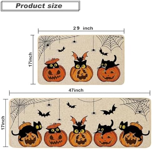 Baccessor Halloween Kitchen Mats Set of 2, Pumpkin Black Cat Bat Spider Web Boo Kitchen Rugs for Floor Low-Profile Farmhouse Fall Halloween Party Home Decor 17x29 and 17x47 Inch