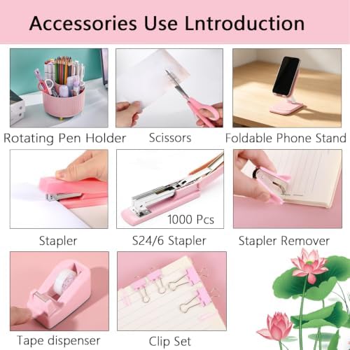 Office Supplies,Pink Desk Accessories,Desk Organizer,Stapler,Tape Dispenser,Folding Phone Stand,Scissors,Notebook,Staple Remover,Staples,Clear Tape,Sticky Notes,Clips,Cool Pen,Bookmark,Ect.22pcs