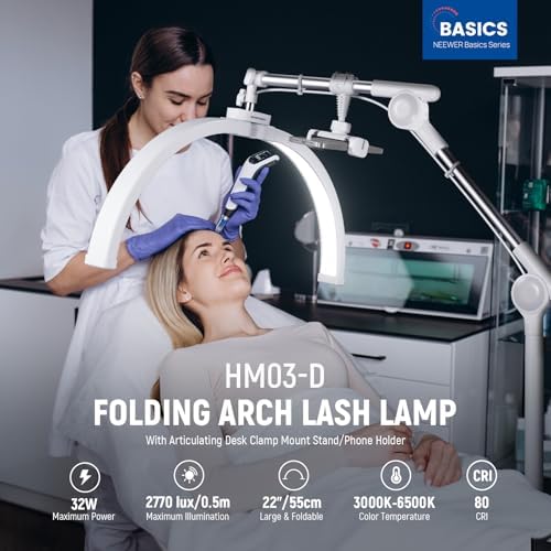 NEEWER Basics 22" Half Moon Lash Light with Articulating Desk Clamp Mount Stand/Phone Holder, 32W Foldable LED Nail Tech Table Arc Lamp for Makeup Beauty Tattoo Overhead Video Recording, HM03-D