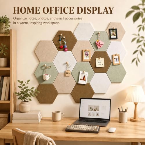 12x10 in 16 Pcs Hexagon Cork Board Tiles, Felt Pin Boards, Sage
