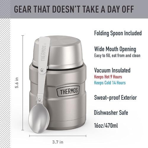 THERMOS Stainless King Food Jar with Spoon, 16oz, Matte Steel