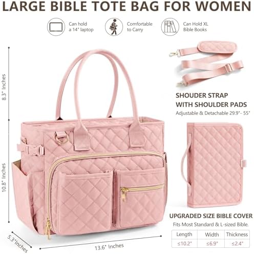 Large Bible Bag with Bible Cover Case for Women, Quilted Church Tote Bag
