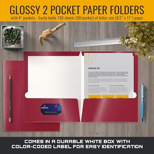 Better Office Products 2 Pocket Glossy Laminated Burgundy Red Paper Folders, Box of 25, Letter Size, Burgundy Red Paper Portfolios