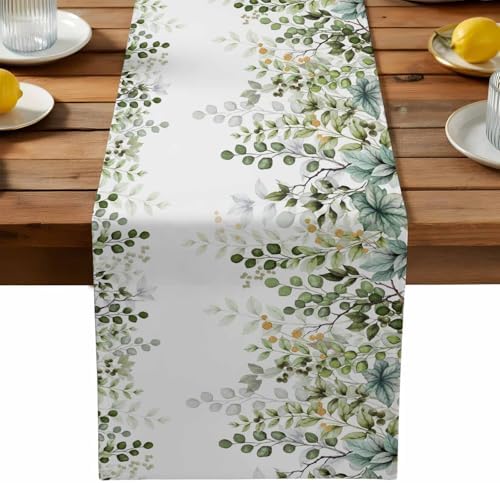 Green Eucalyptus Leaf Table Runner Dresser Scarf 13 x 120 Inch Farm Sage Green Orange Leaves Branch Table Runners Non-Slip Heat Kitchen Dining Tabletop Cover for Indoor Outdoor Home Party Decoration