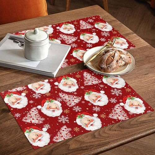 Red Christmas Placemat 1PC, Santa Claus Merry Christmas Tree Heat Resistant Washable Table Place Mats Winter Snowflake Cotton Table Linens Party Holiday Decor for Kitchen Dining Outdoor Indoor