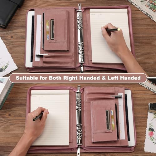 KISSKI A5 Planner Binder Padfolio for Women, Small 6 Ring Resume Folders for Interview, Vegan Leather Portfolio Organizer Folio with Zipper and 1pc A5 Notepad, Business Card/Pen Holder, Gifts, Pink