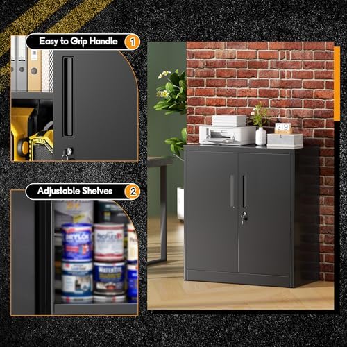 Greenvelly Metal Garage Storage Cabinet,36" Black Lockable Metal Cabinets with 2 Doors and Shelves,Storage Locking Counter Cabinet for Home Office,Garage,Kitchen,School