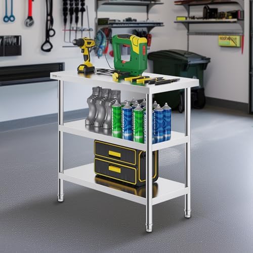 VEVOR Stainless Steel Food Prep Table, 18 x 36 x 34 Inch Commercial Kitchen Worktable, with 2 Adjustable Undershelf, Heavy Duty Prep Metal Work Table for BBQ, Kitchen, Home, and Garage