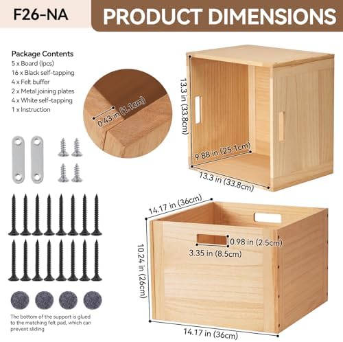 KIRIGEN Stackable Wood Storage Cube with Handles, Open Crate Bin, Natrual