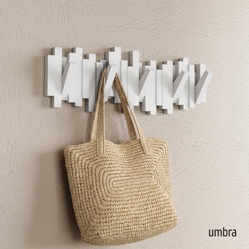 Umbra Sticks Wall Mount Coat Rack, 5 Hook Retractable Pegs, White
