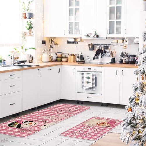 JarThenaAMCS Christmas Kitchen Mat Set of 2 Pink Plaid Santa Snowman Kitchen Floor Mats Winter Non-Slip Door Rugs for Xmas Party Home Entrance, 17 x 29 Inch & 17 x 47 Inch