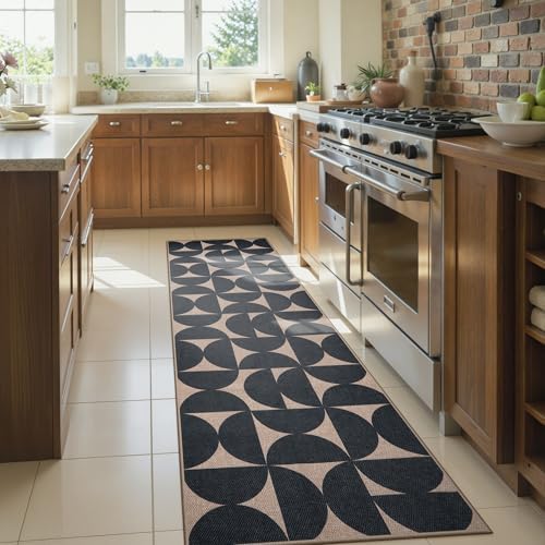 Lahome Semi Circle Easy Jute Black Runner Rug, 2x8 Washable Kithcen Runner