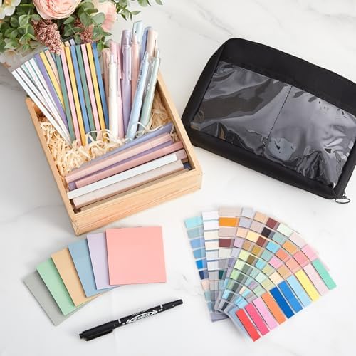 135 Pcs Book Annotation Kit Aesthetic Pencil Case Bag 12 Highlighter 11 Gel Pen 1 Marker 300 Sheet Transparent Sticky Notes Pad 2640 Index Stickers Bible Study Supplies(Kawaii,Black)