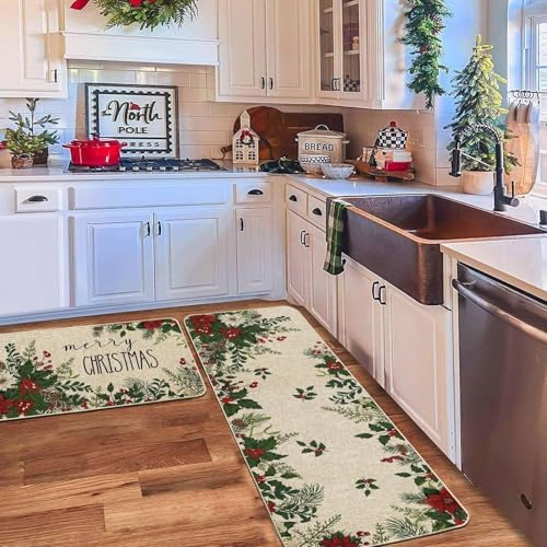 Baccessor Christmas Kitchen Rugs Set of 2, Poinsettia Holly Berry Leaves Kitchen Mats for Floor Hallway Laundry Sink Low-Profile Winter Holiday Home Decor 17x29 and 17x47 Inch