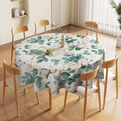 Cotton Flowers Tablecloth, Watercolor Summer Green Golden Eucalyptus Leaves Floral Print Table Cloth for Outdoor Picnic Home Dining Kitchen Table Decor, 60x60in