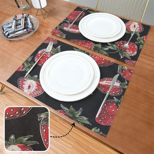 ALAZA Strawberry Hand Drawn Set of 6 Placemats Rectangle Table Mat for Dining Table Restaurant Kitchen Home Decor, 12" x 18"